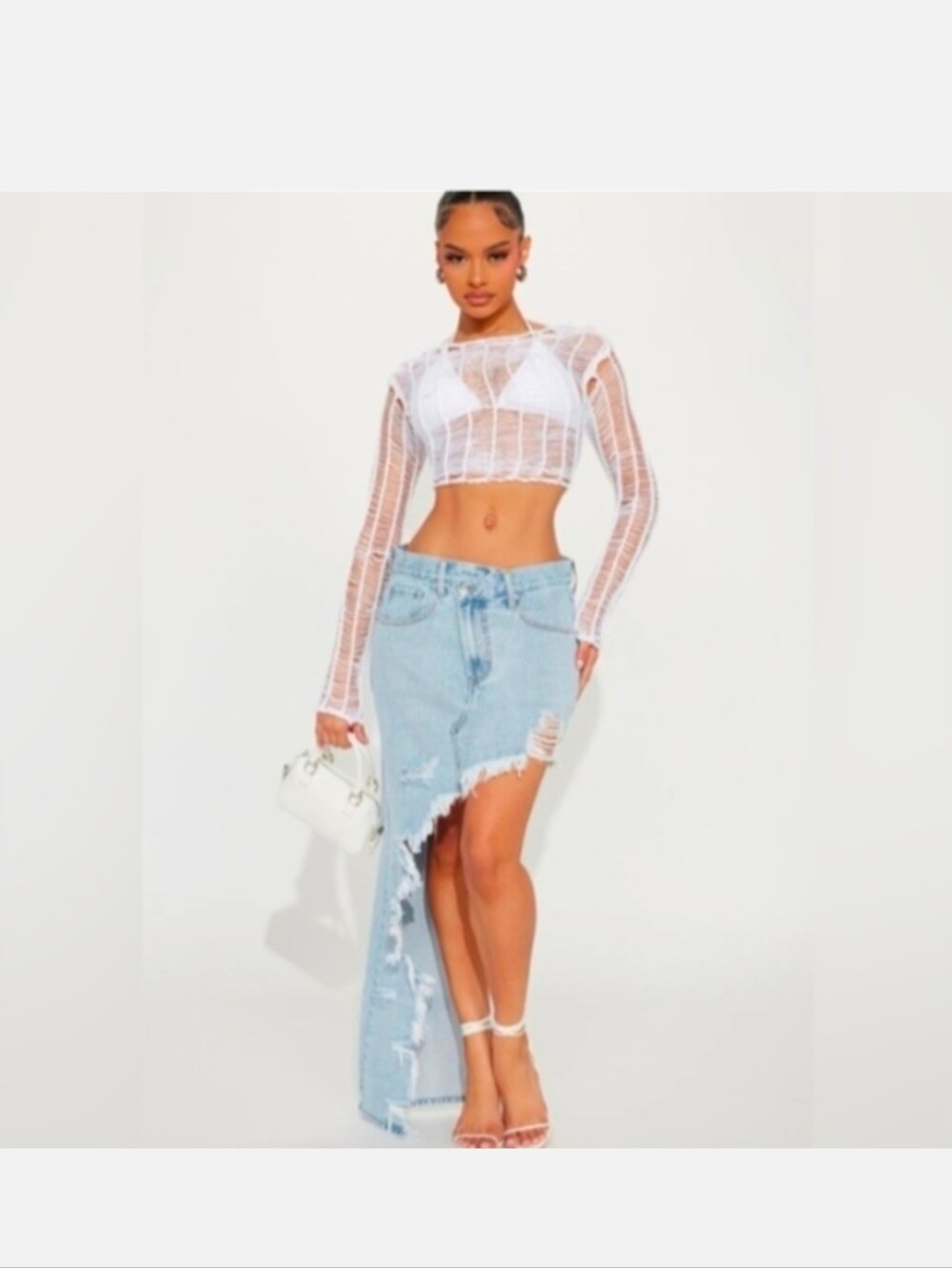 Fashion Nova Light Blue Denim Distressed Maxi Skirt